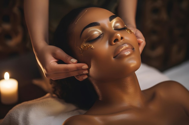 Mulher negra recebendo massagem e tratamento facial em spa de luxo