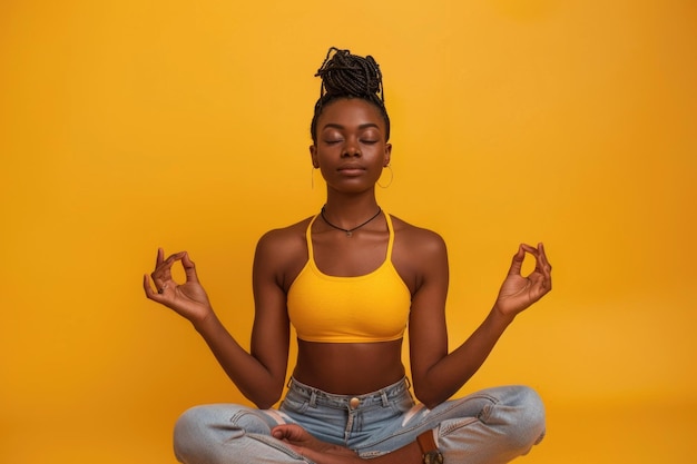 mulher negra relaxada meditando em postura de ioga isolada sobre amarelo