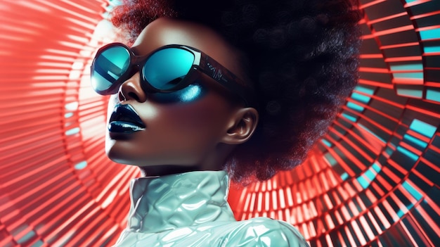 Mulher negra retro futurista de moda com óculos de sol Futurista pop art garota de moda com fundo incrível