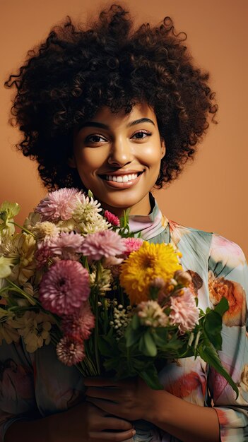 Mulher negra segurando buquê de flores em floricultura