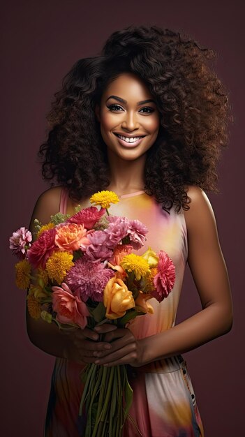 Mulher negra segurando buquê de flores em floricultura