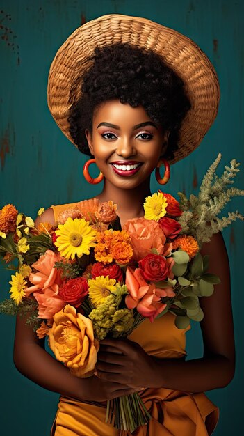 Mulher negra segurando buquê de flores em floricultura