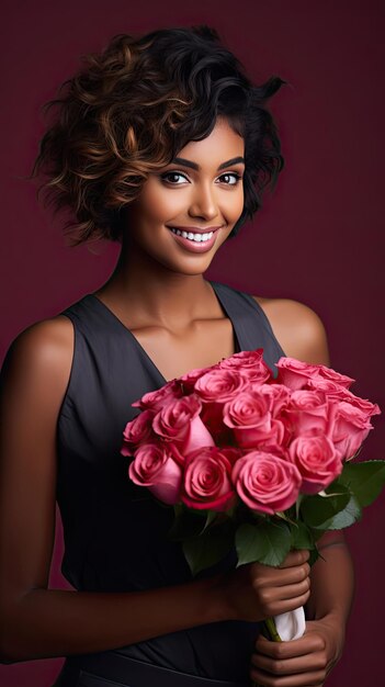 Mulher negra segurando buquê de flores em floricultura