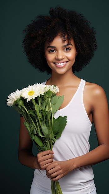 Mulher negra segurando buquê de flores em floricultura