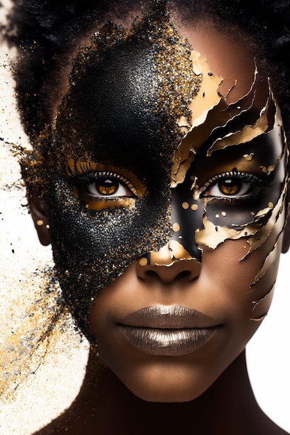 Mulher negra sexy usando uma máscara de carnaval dourada isolada em fundo branco generativo ai