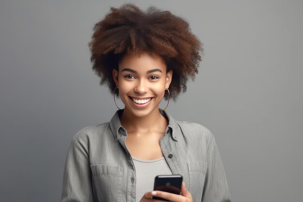 Mulher negra sorridente com smartphone