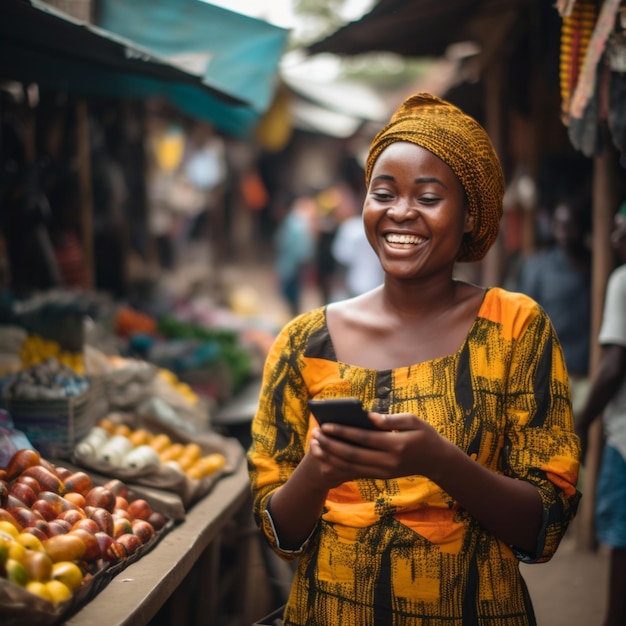 Mulher negra sorridente no mercado