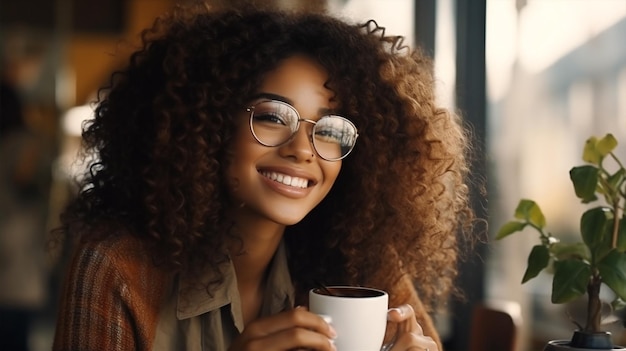 Mulher negra sorrindo copo feliz