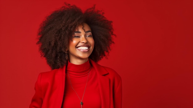 Mulher negra sorrindo e olhando para a câmera enquanto usava terno vermelho contra fundo vermelho GERAR AI