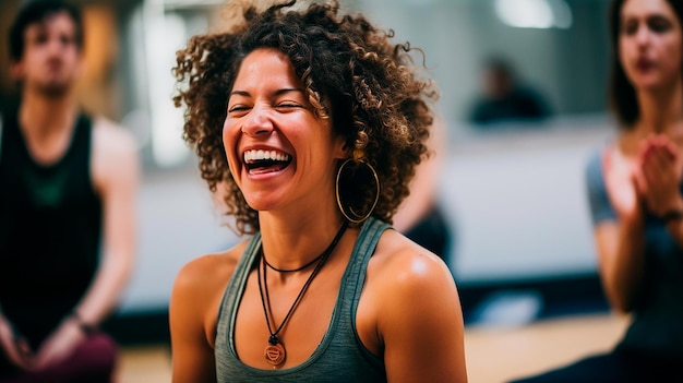 Foto mulher negra sorrindo na aula de ioga generative ai