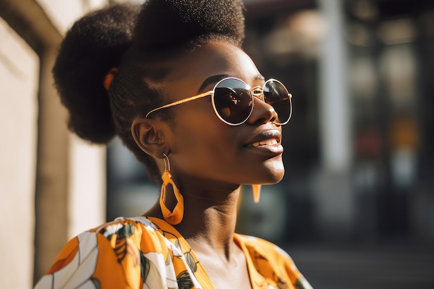 Mulher negra usando brincos e óculos da moda