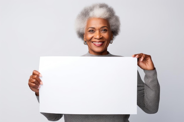 Mulher negra velha feliz segurando uma bandeira branca em branco isolada retrato de estúdio