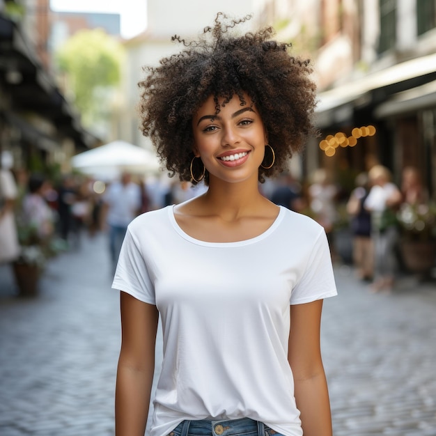 Foto mulher negra vestindo uma camiseta vazia para maquete