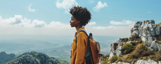 Mulher negra viajante de pé em um penhasco rochoso