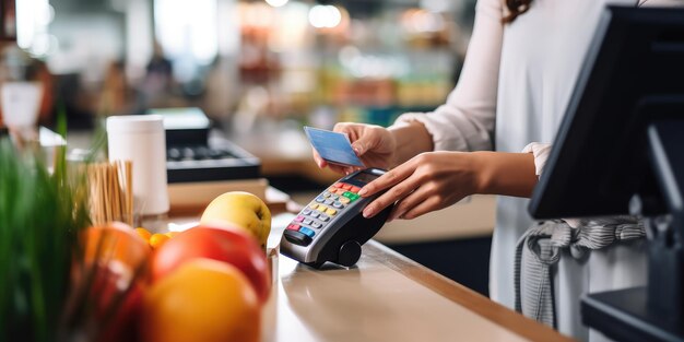 Mulher no caixa do supermercado ela está pagando usando um cartão de crédito