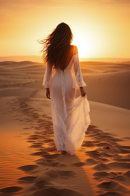 Foto mulher no deserto ao pôr-do-sol gerada pela ia