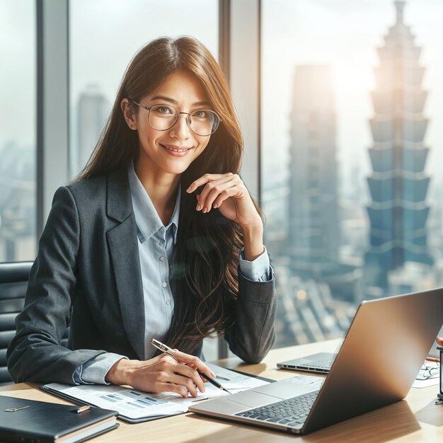 Foto mulher no escritório trabalhando no pc com óculos na cidade de nova york