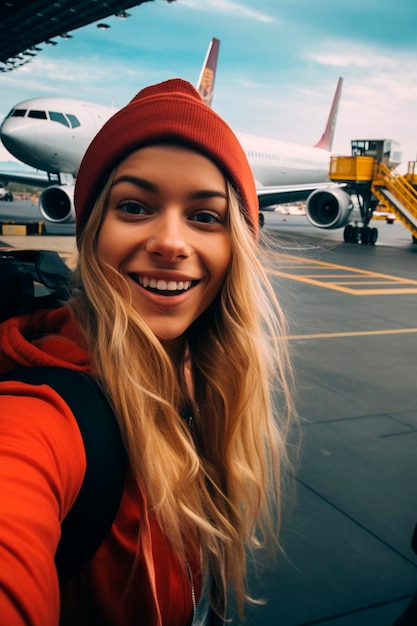 Mulher no fundo de um avião no aeroporto Generative AI Travel