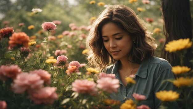 Mulher no meio de um campo de flores vibrante