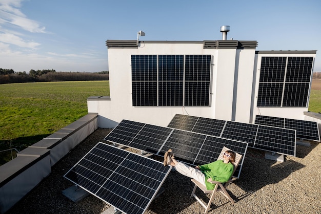 Mulher no telhado de sua casa com uma estação solar