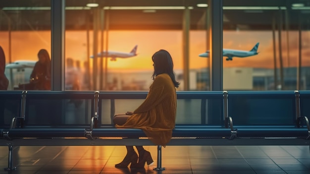 Mulher no terminal do aeroporto espera pelo voo usa smartphone Navegar na Internet Redes sociais on-line