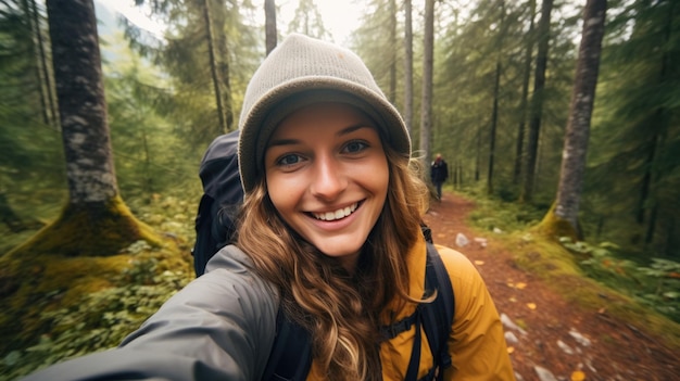 Mulher nômade digital Foto vlogger Blogger de viagens caminhando e filmando na floresta de destino tirando selfie