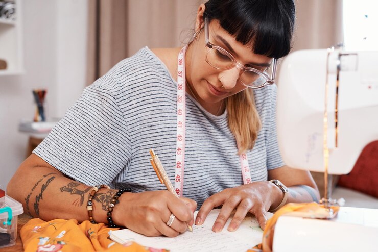 Foto mulher notas e escrita com designer de moda em estúdio em casa para estilo com fita métrica para profissão alfaiataria máquina de costura e mesa de corte com tecido para roupas feitas à mão para negócios
