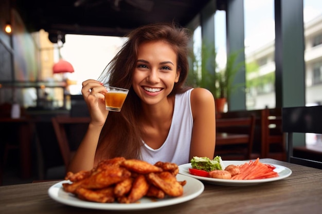 Foto mulher num restaurante ou restaurante a comer um hambúrguer e asas de frango