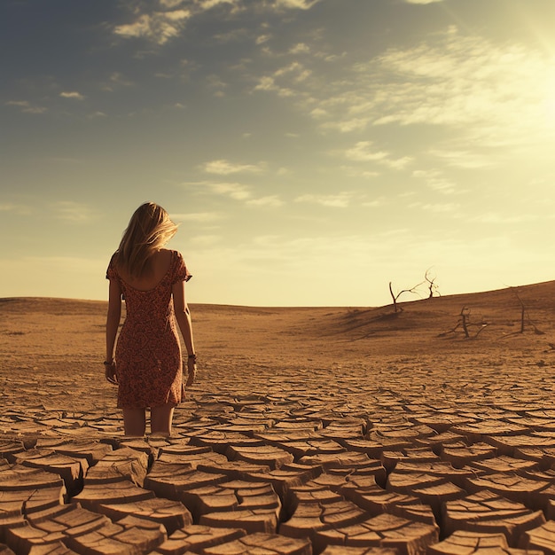 mulher numa paisagem de seca extrema