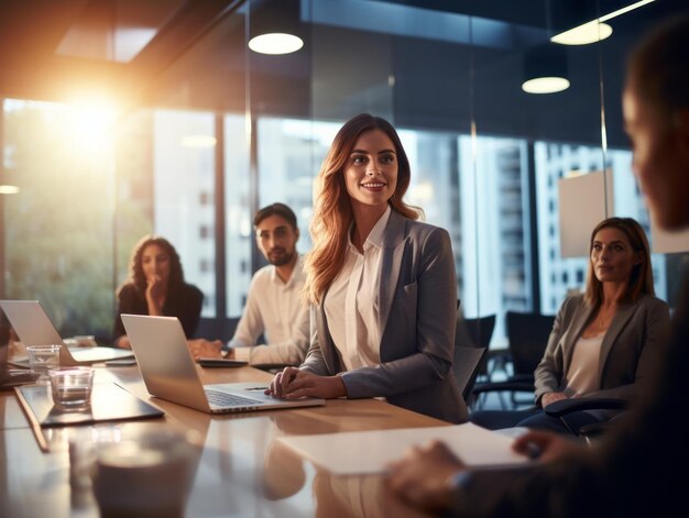 Foto mulher numa reunião de negócios a liderar com confiança