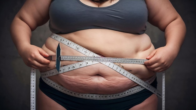 Foto mulher obesa com excesso de peso com grande celulite abdômen flácido medindo circunferência cintura bel