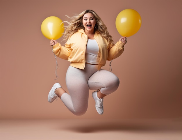 Mulher obesa feliz em roupas esportivas desfrutar e saltar com o balão conceito de exercício de perda de peso