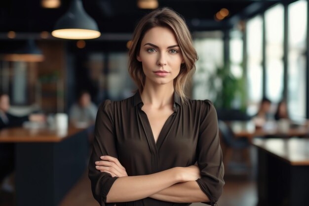 Mulher ocidental confiante em vestido formal de pé na mesa com os braços cruzados olhando