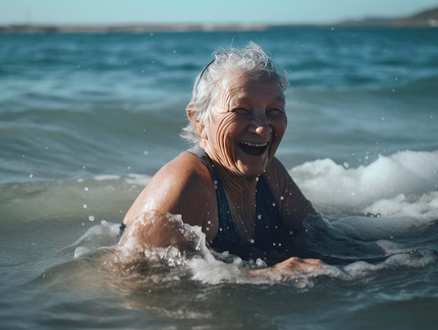 Mulher octogenária tomando banho no mar Ilustração gerada por IA