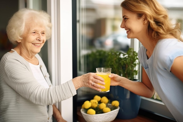 Foto mulher oferecendo um copo de limonada a um visitante