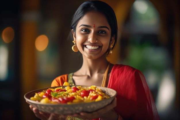 Mulher oferecendo uma tigela de frutas frescas Numerosas frutas na foto