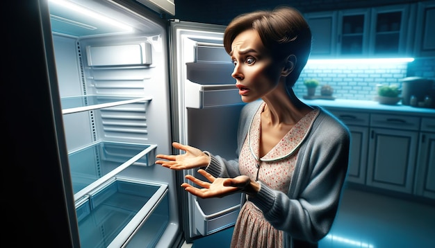 Mulher olha para geladeira vazia