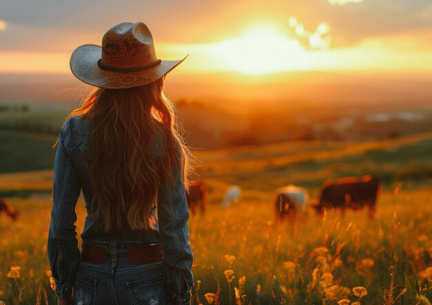 Mulher olha para o pôr-do-sol e vacas no prado