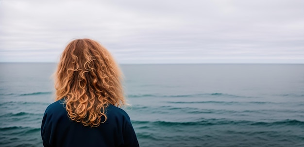 Mulher olhando para o banner de vista traseira do mar Generative AI