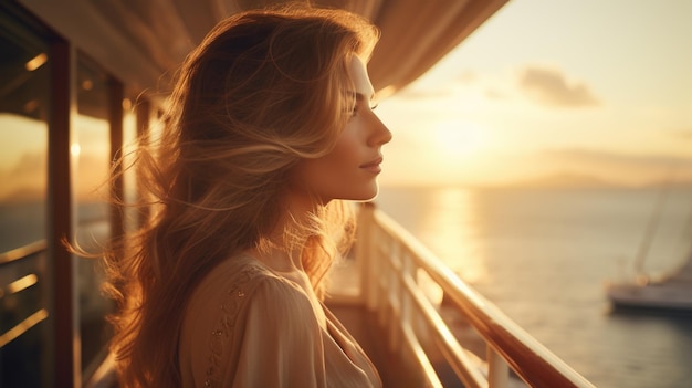 Mulher olhando para o pôr-do-sol no navio O conceito fala de viagem tranquila