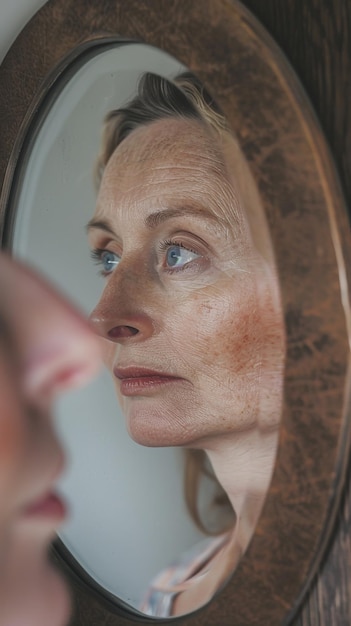 Foto mulher olhando para o seu reflexo no espelho