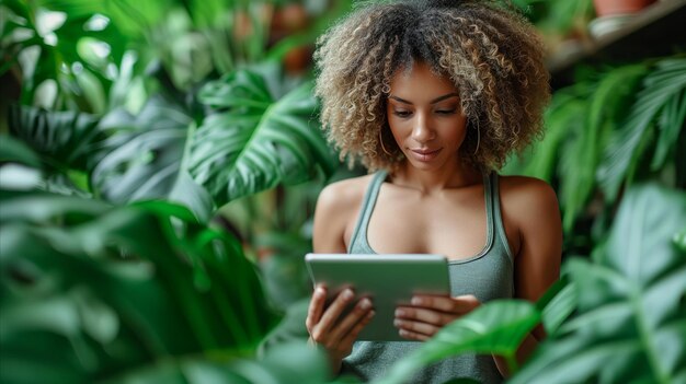 Mulher olhando para um tablet na selva