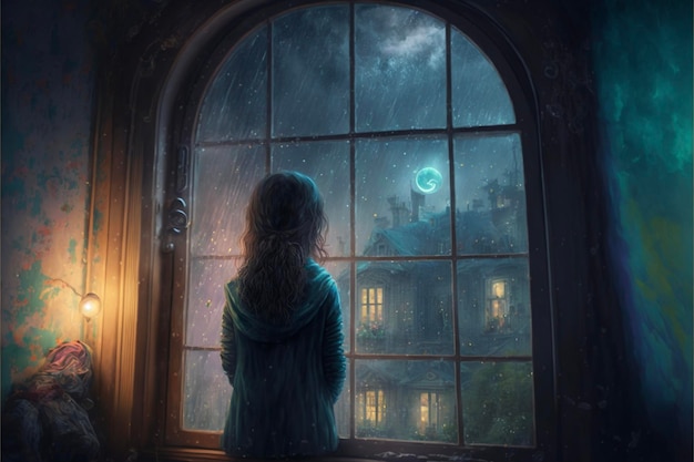 Mulher olhando pela janela para a lua generativa ai