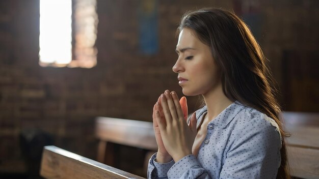 Foto mulher orando na igreja