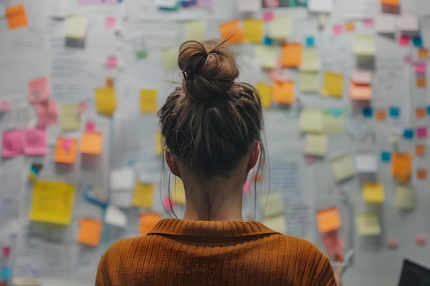 Foto mulher organizando estratégia de negócios com notas adesivas na parede conceito pensativo e eficiente estratégia de negócios organização definição de metas pensamento inovador eficiência