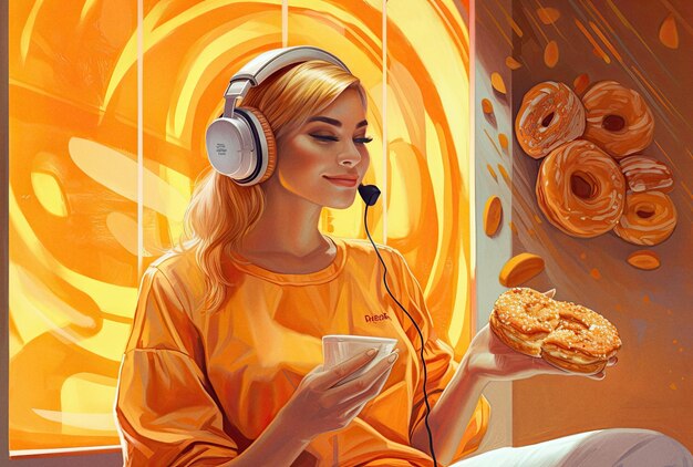 Mulher ouvindo música e rosquinhas conceito abstrato arte gerada por ai