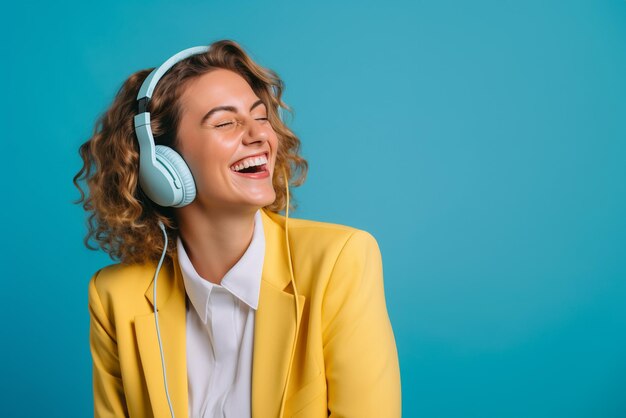 Mulher ouvindo um livro de áudio em fones de ouvido Cores pastéis brancas Azul e amarelo Serviço de streaming