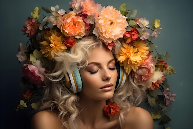 mulher ouvir música com fones de ouvido enquanto flores em seu cabelo isolado AI generativa