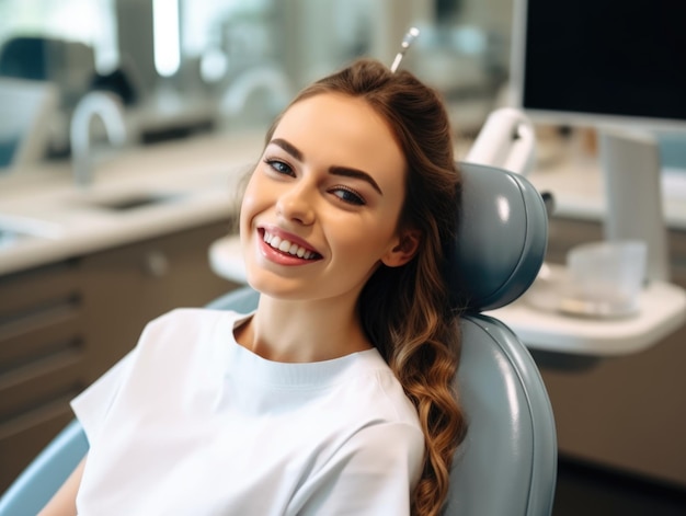 Foto mulher paciente com aparelhos dentários cabelo vermelho sentado na cadeira do dentista tendo aparelhos nos dentes