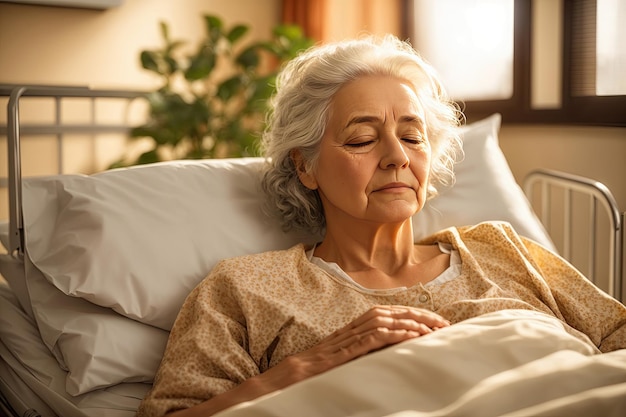 Mulher paciente idosa dormindo na cama no hospital ai generativo